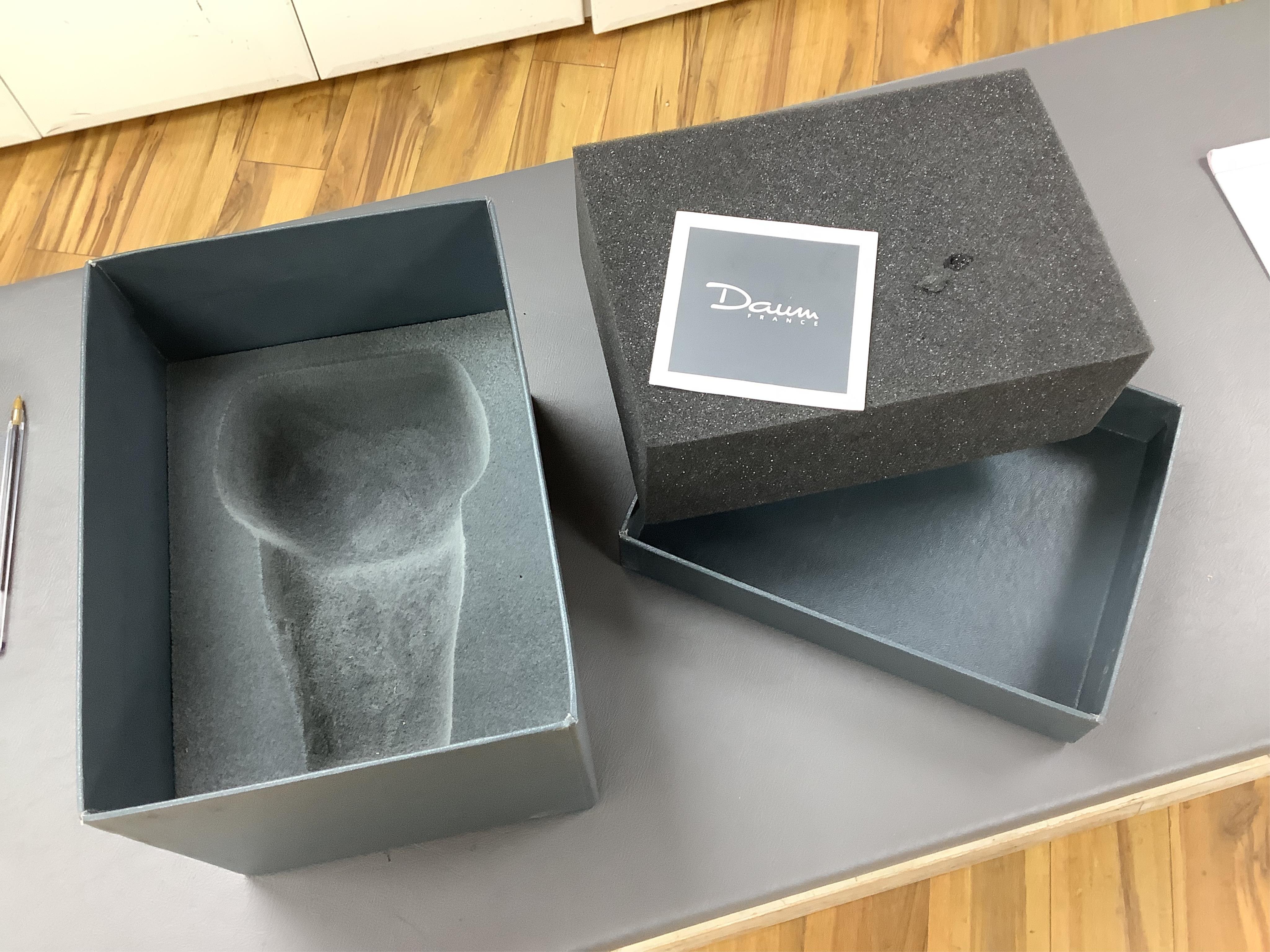 A modern Daum pate-de-verre Poppy lavender vase, boxed, 17cm high